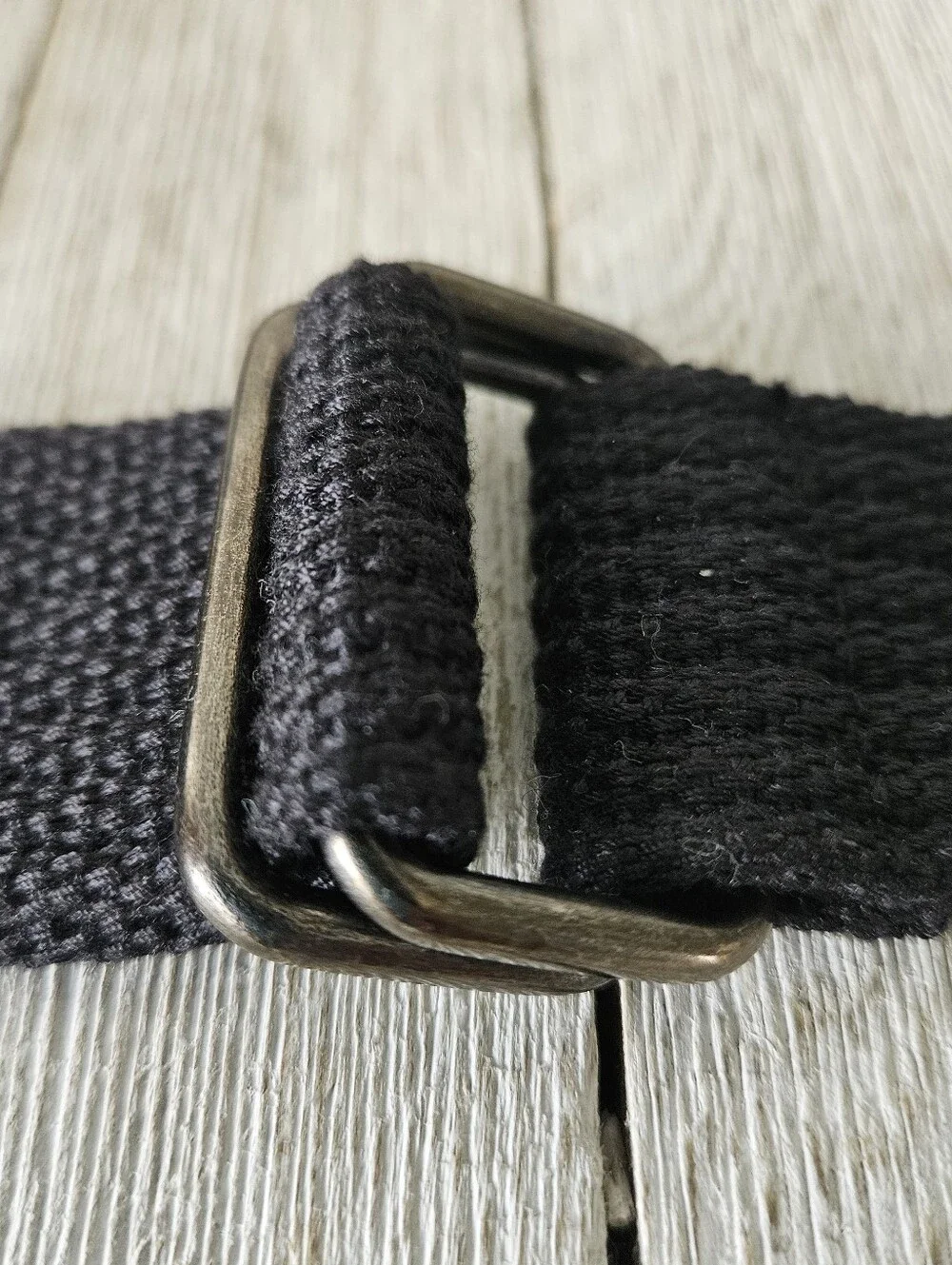 Black Woven Cotton Canvas Web Belt with Metal Double Ring Buckles .Measures 1.5